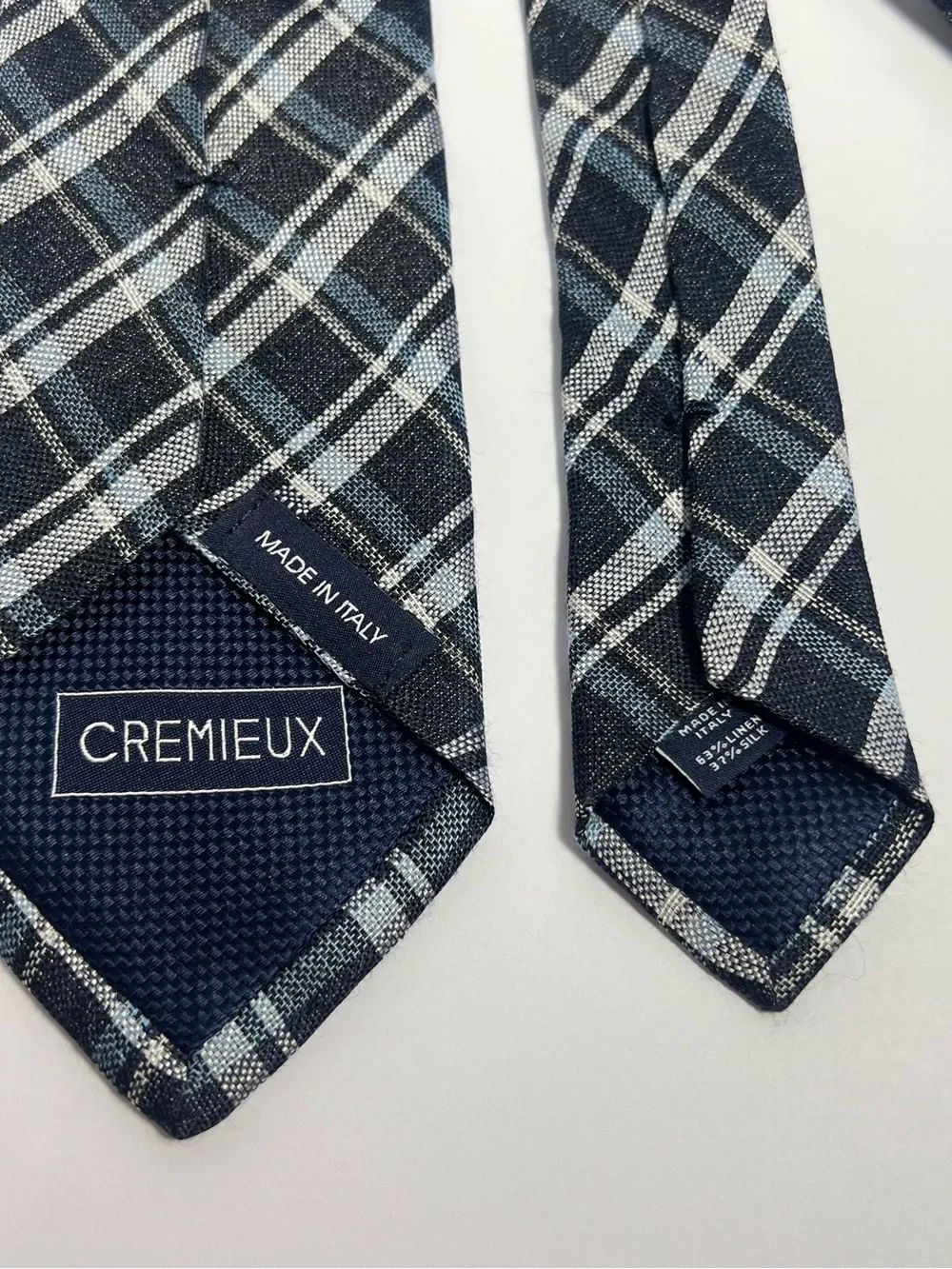 Cremieux Men’s Silk/Linen Plaid Woven Necktie Blue Gray White Italy